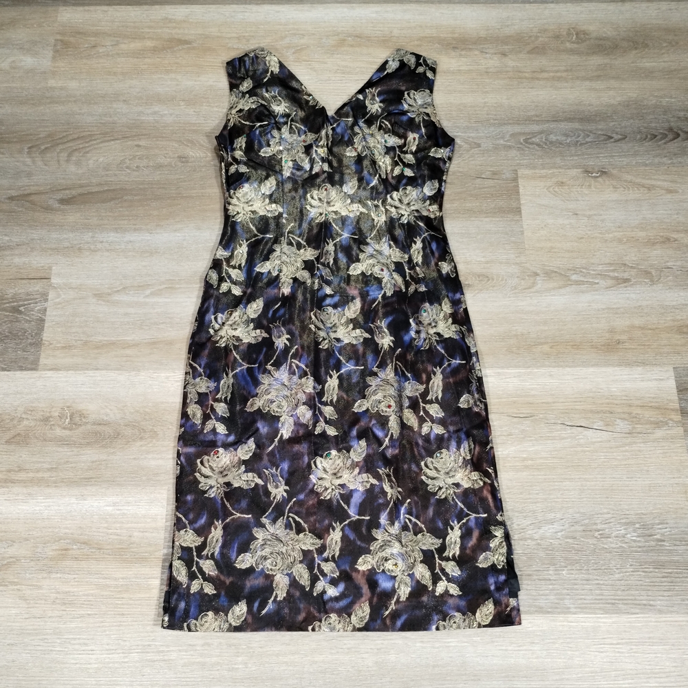 Unbranded Handmade Black Gold Floral Cocktail Dress Brocade Weave Rhinestone